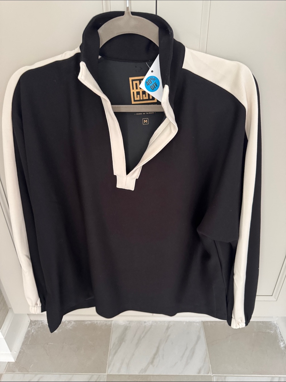 Men's Black Pullover Half-Zip with White Contrast - Brand Not Visible